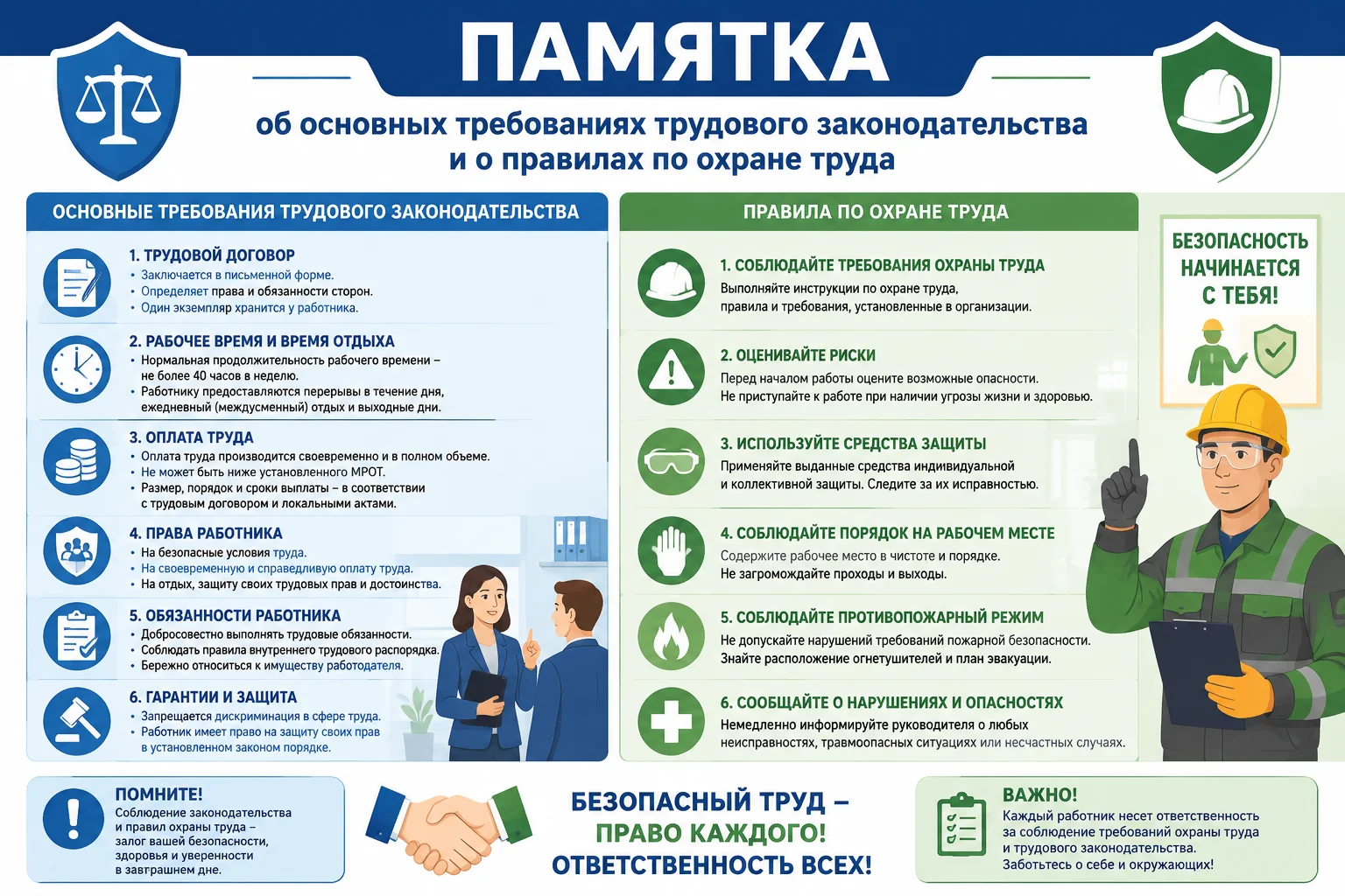 Памятка об основных требованиях трудового законодательства и о правилах по охране труда
